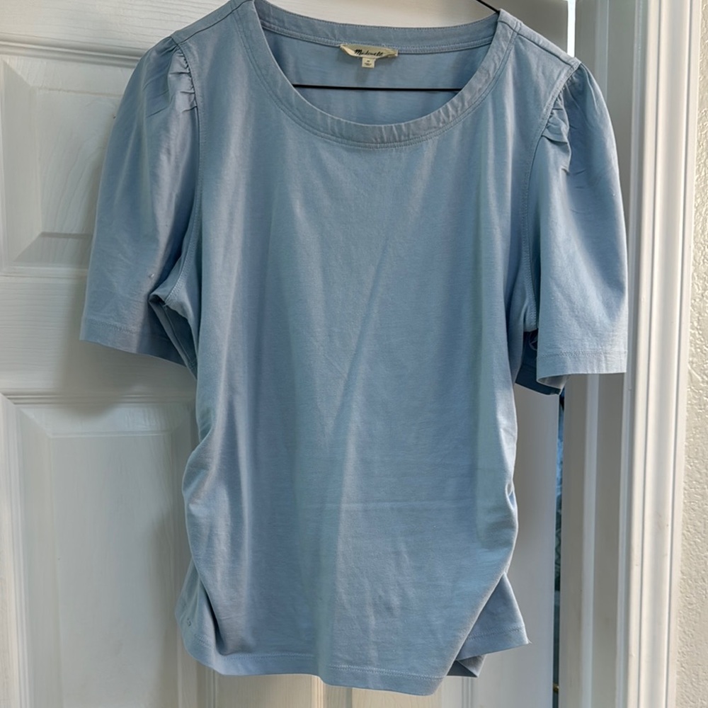 Madewell Blue Puff Sleeve Blouse with Ruched Details